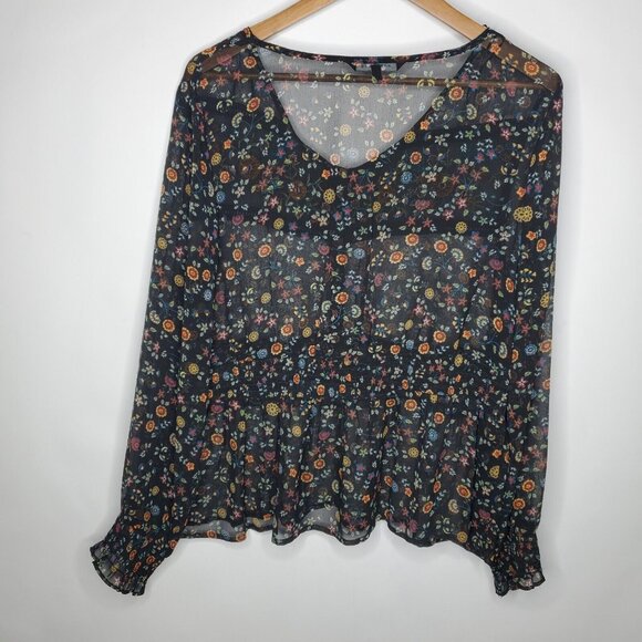 Peacocks Womens Black Floral Embroidered Blouse Size 16 US L Sheer Smocked Waist - Picture 3 of 10